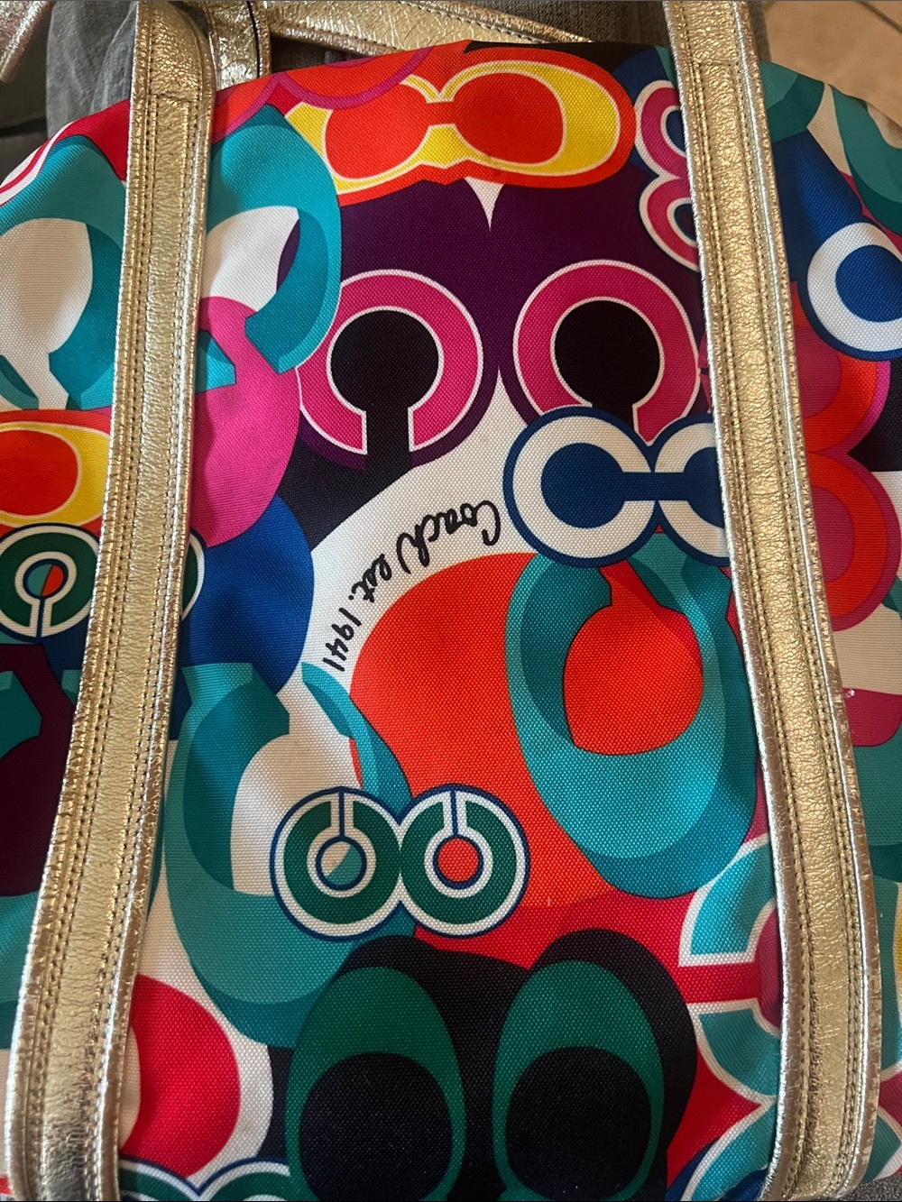 Vintage Coach Multicolor Signature Print Tote with Gold Trim - Picture 6 of 7